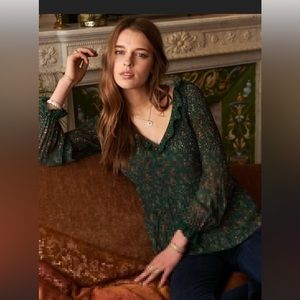 SÉZANE | Sybille Blouse Green Floral with Pleats and Ruffles